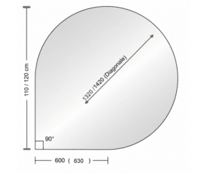 Technical drawing of a drop-shaped object with a rounded top and 90° angle at the base. Dimensions and diagonal indicated.