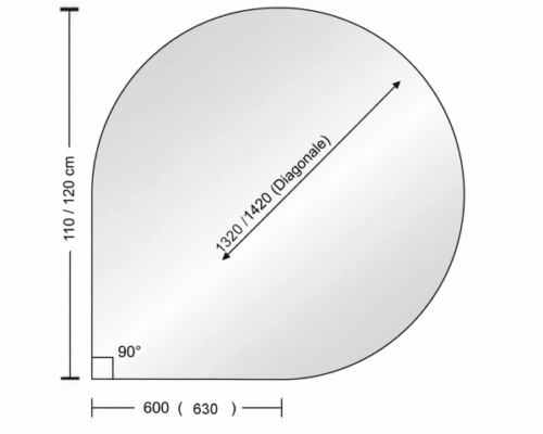 Technische tekening van een druppelvormig object met een afgeronde bovenkant en een hoek van 90° aan de onderkant. Afmetingen en diagonaal aangegeven.