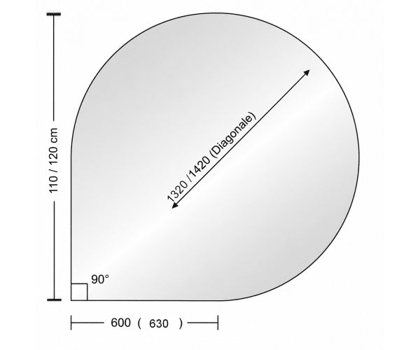 Glas-Tropfen-Gross-Shop Technische Zeichnung eines tropfenförmigen Objekts mit abgerundeter Oberseite und 90°-Winkel an der Basis. Maße und Diagonale angegeben.