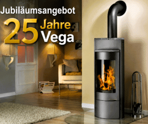 A wood-burning stove with a blazing fire in a modern living room, alongside a special offer celebrating Vega's 25th anniversary. Elegant decor featuring a rug and a sofa.