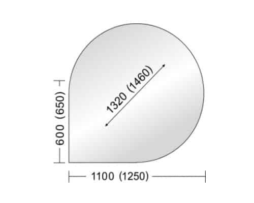 Das Bild zeigt eine schematische Zeichnung mit Maßen. Es ist ein tropfenförmiger Umriss, möglicherweise als Design-Detail eines Kaminofens. Diese Darstellung könnte sich auf einen spezifischen Teil oder ein Designelement des Kaminofens beziehen, möglicherweise die Glas- oder Türgestaltung. Die angegebenen Maße betonen die Größe und Form dieses Kaminofen-Bauteils.