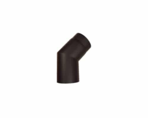 Ein schwarzes Winkelrohr mit einem 45-Grad-Winkel, geeignet für Kaminöfen. Dieses Ofenrohr ist ein wichtiges Zubehörteil für die sichere und effiziente Ableitung von Rauch im Holzofen. Ideal für die Verbindung und Anpassung der Rauchrohrführung.