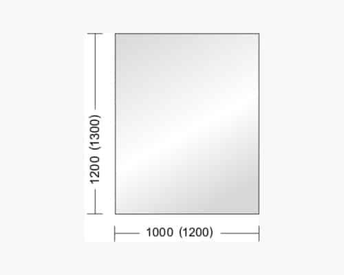 Das Bild zeigt eine detaillierte Abmessungsskizze einer Glasscheibe mit den Maßen 1000 mm in der Breite und 1200 mm in der Höhe (optional erweiterbar auf 1200 mm Breite und 1300 mm Höhe). Diese Glasscheibe ist vermutlich ein Bestandteil eines Kaminofens, was darauf hindeutet, dass es sich um ein wichtiges Ersatzteil oder Zubehör für den Ofen handelt. Die klare und präzise grafische Darstellung zeigt, wie diese Glasscheibe in einen Holzofen integriert werden könnte.