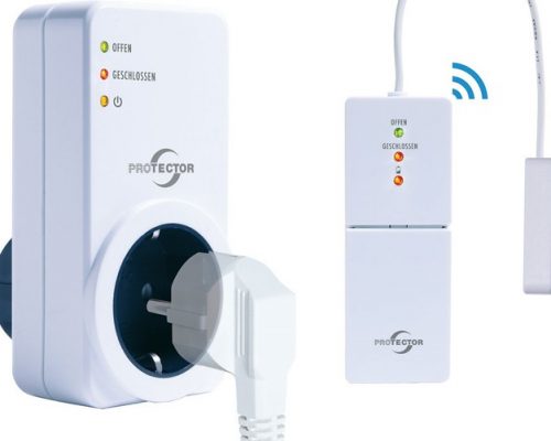 Das Bild zeigt ein Steckdosengerät und einen Sensor, die zusammen ein Sicherheitssystem bilden. Das Steckdosengerät ist mit einem Netzkabel verbunden und hat drei LEDs zur Statusanzeige: offen, geschlossen und eine weitere. Daneben befindet sich ein drahtloser Sensor mit ähnlichen Statusanzeigen. Dieses Zubehör kann zur Steuerung und Überwachung von elektronischen Geräten verwendet werden, ist aber möglicherweise nicht direkt mit Kaminöfen verbunden.