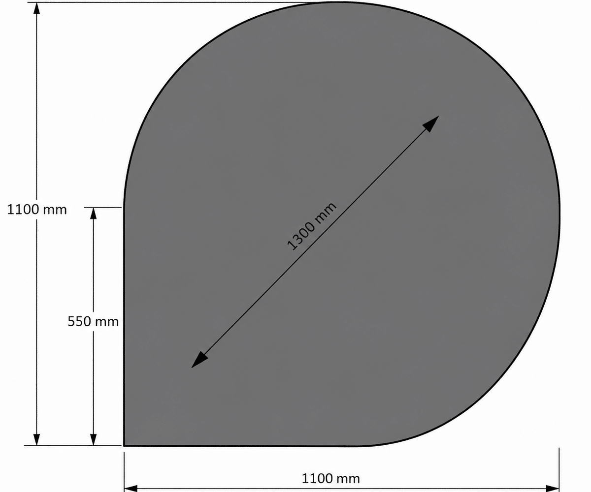 Underlag_Stål Dråbe_1100x1100 Teknisk tegning af en dråbeformet flade med mål. Viser en kombination af en cirkel og et rektangel med specifikke mål.