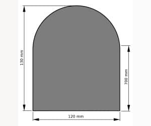 Das Bild zeigt eine große, halbrunde Kaminofen-Unterlage aus Stahl. Die Unterlage hat klare Abmessungen: 130 mm in der Breite, 700 mm in der Höhe und 120 mm in der Tiefe. Diese robuste Stahlunterlage bietet eine stabile und sichere Basis für jeden Holzofen. Ideal für jeden Kaminofen-Liebhaber, der auf Sicherheit und Stil Wert legt.