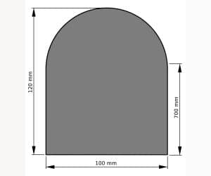 Dieses Bild zeigt eine Stahl-Unterlage für einen Kaminofen, die speziell für das Modell Haru klein entworfen wurde. Die Unterlage ist bogenförmig und misst 1000 mm in der Breite, 700 mm in der Höhe und die Rundung ist 120 mm hoch. Diese feuerfeste Unterlage schützt den Boden und eignet sich perfekt als stilvolles Zubehör zu Ihrem Holzofen. Sie bietet eine praktische Lösung, um die Sicherheit und Ästhetik Ihrer Wohnräume zu verbessern.