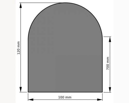 Dieses Bild zeigt eine Stahl-Unterlage für einen Kaminofen, die speziell für das Modell Haru klein entworfen wurde. Die Unterlage ist bogenförmig und misst 1000 mm in der Breite, 700 mm in der Höhe und die Rundung ist 120 mm hoch. Diese feuerfeste Unterlage schützt den Boden und eignet sich perfekt als stilvolles Zubehör zu Ihrem Holzofen. Sie bietet eine praktische Lösung, um die Sicherheit und Ästhetik Ihrer Wohnräume zu verbessern.