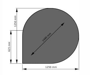 Alt-Text: Tropfenförmige Unterlage aus Stahl für Kaminofen, abgebildet mit den Maßen 1250 mm x 1250 mm x 625 mm. Ideal zum Schutz des Bodens vor Hitze und Funken. Optimal geeignet für Holzöfen, um die Sicherheit und Ästhetik im Wohnraum zu erhöhen.