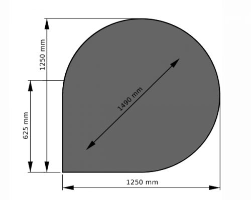 Alt-Text: Tropfenförmige Unterlage aus Stahl für Kaminofen, abgebildet mit den Maßen 1250 mm x 1250 mm x 625 mm. Ideal zum Schutz des Bodens vor Hitze und Funken. Optimal geeignet für Holzöfen, um die Sicherheit und Ästhetik im Wohnraum zu erhöhen.