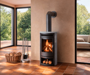 Modern soapstone stove with visible fire, wood shelf underneath, on tiled floor in front of large windows.