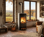 Moderner Speckstein-Kaminofen mit großer Sichtscheibe, Holzlagerfach, schlankes Design, ideal für gemütliche Wohnzimmerumgebung