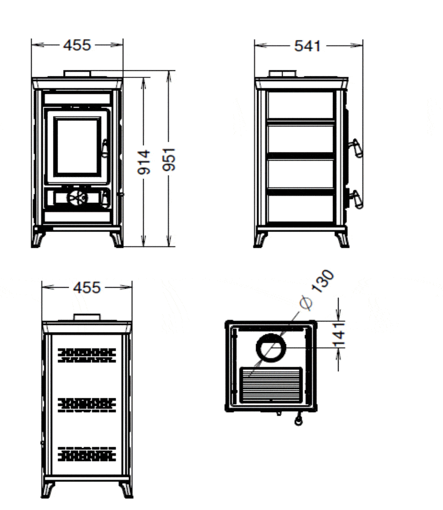 Sofia-Techdat Teknisk tegning af Sofia-ovnen med detaljerede mål og visninger af front, sider og bagside.