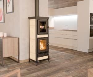 Beige brændeovn i stuen med træpaneler og glasvindue, hvor man kan se flammerne.