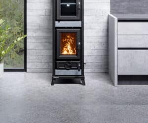 Brændeovn med vindue, hvor man kan se flammerne, foran en betonvæg. Moderne omgivelser med planter.