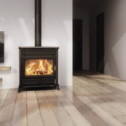 Modern stove in a living room, burning fire, wooden floor, white walls, cozy atmosphere.