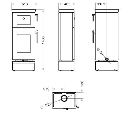 WZENO_tech Technical drawing of a wood-burning stove with dimensions: Height 1436mm, width 613mm, depth 405mm. Front, side and rear view.