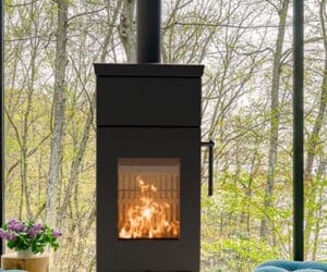 Detailed view of a black stove with visible fire, below a forest landscape through a large window.
