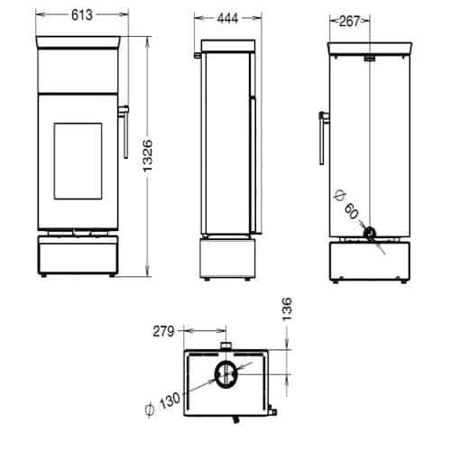 WZENT_tech Technical drawing of a wood-burning stove with dimensions: Height 1326 mm, width 613 mm, depth 444 mm. Flue gas connection Ø 130 mm.