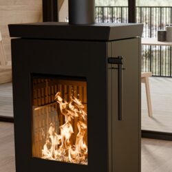 Modern wood-burning stove in a room with wood paneling. Detailed view shows the play of flames behind a glass front.