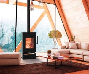 Modern wood-burning stove in a cozy living room with large windows, wood paneling and elegant furnishings.