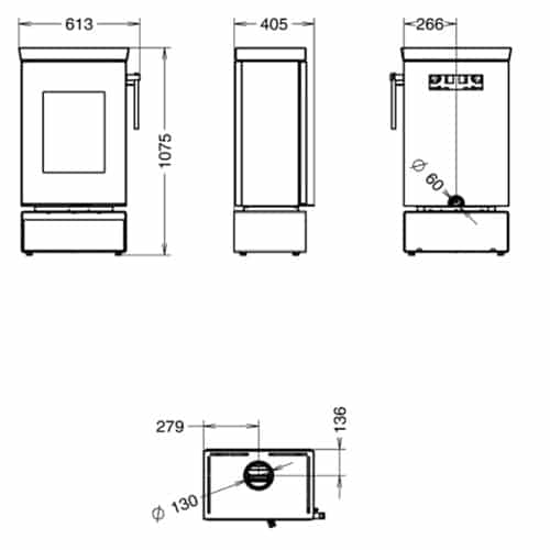 WZENW_tech Technical drawing of a wood-burning stove with detailed dimensions. Front and side views are shown.