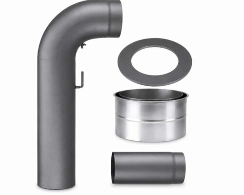 Kachelpijpset met gebogen pijp, afdichtring, roestvrijstalen adapter en recht pijpstuk. Ideaal voor kachelinstallaties.