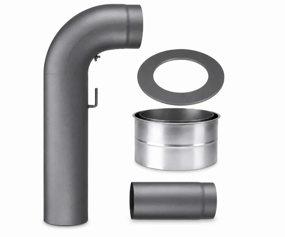 020117_galerij_01 Kachelpijpset met gebogen pijp, afdichtring, roestvrijstalen adapter en recht pijpstuk. Ideaal voor kachelinstallaties.