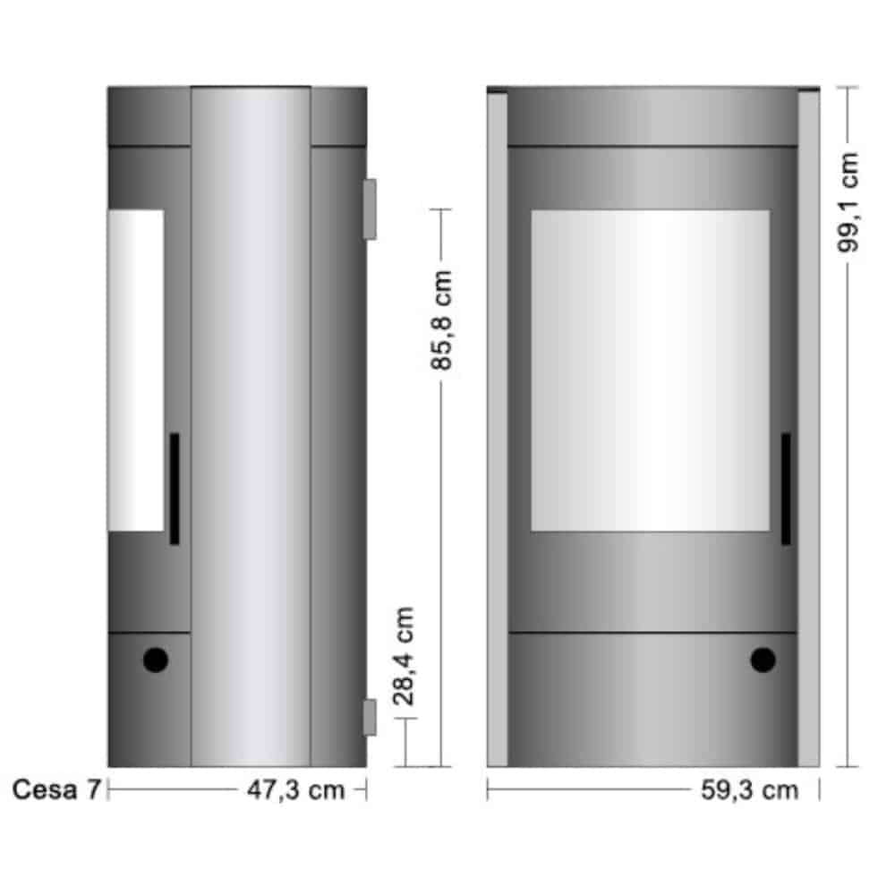 250014_tech Teknisk tegning af Cesa 7-ovnen, der viser front- og sidebillede med mål. Cylindrisk form, stort vindue.