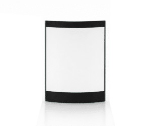 Curved viewing panel with black frame, suitable for wood-burning stoves. Clean lines and minimalist design, shown from the front.