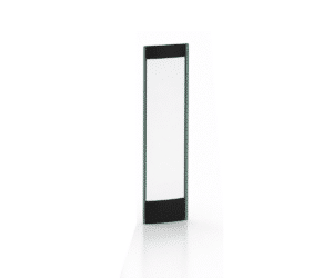 Curved viewing panel with black frame, free-standing on a white background. Ideal for wood-burning stoves, provides a clear view of the fire.