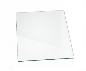 Transparent square glass plate, photographed at a slight angle, on a white background.