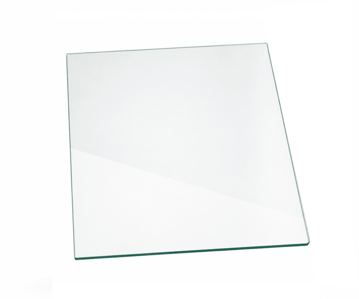 2906874000_gallery_01 Transparent square glass plate, photographed at a slight angle, on a white background.