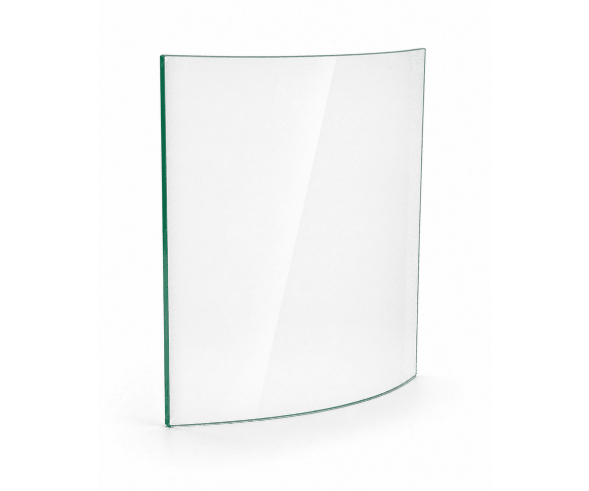 2906966000_gallery_01 Curved glass pane at a slight angle, free-standing against a white background. Clear and transparent, suitable as a viewing panel for wood-burning stoves.