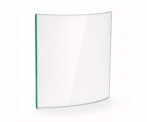 Curved glass panel for wood-burning stove, free-standing on a white background. Clear, transparent surface with a slight green tint at the edges.
