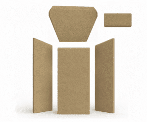 Firebox lining made of light brown material, consisting of five rectangular and trapezoidal panels in different sizes and shapes.