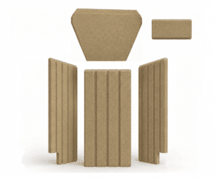 Firebox lining made of light brown material, consisting of several rectangular and trapezoidal panels, arranged symmetrically.