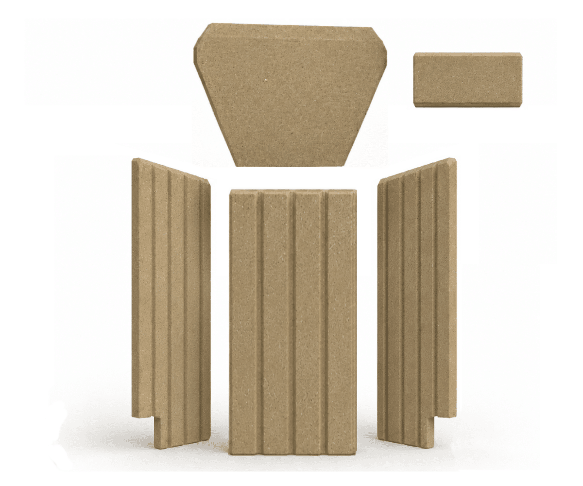 55133_gallery_01 Firebox lining made of light brown material, consisting of several rectangular and trapezoidal panels, arranged symmetrically.
