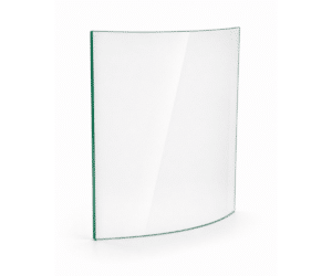 Curved glass pane photographed at a slight angle, showing a clear, smooth surface and subtle green edge. Ideal for fireplace viewing panel.