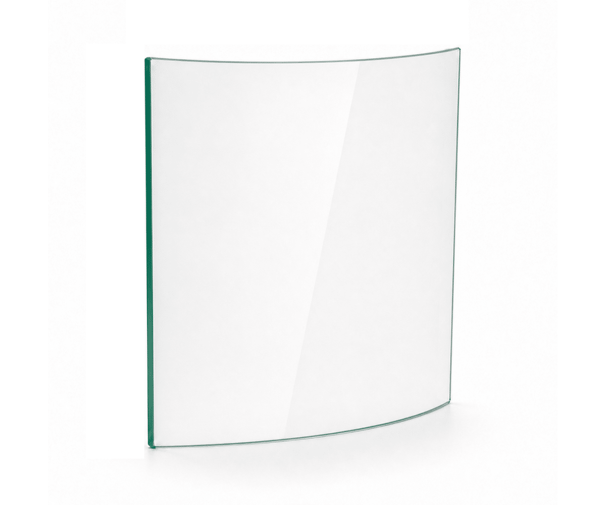 A02496_gallery_01 Curved glass pane photographed at a slight angle, transparent and without visible frames or brackets. Ideal for wood-burning stoves.