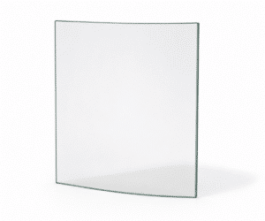 Curved glass pane photographed at a slight angle, against a white background. Ideal as a viewing panel for wood-burning stoves.