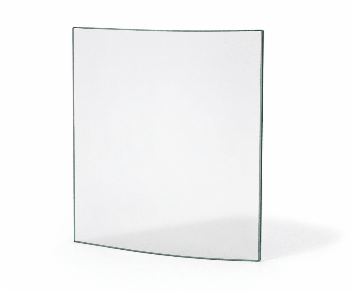 A02529_gallery_01 Curved glass pane photographed at a slight angle, against a white background. Ideal as a viewing panel for wood-burning stoves.