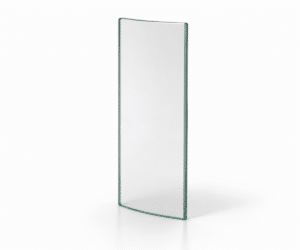 Curved glass panel in upright position, transparent and without visible frames or brackets, against a white background.
