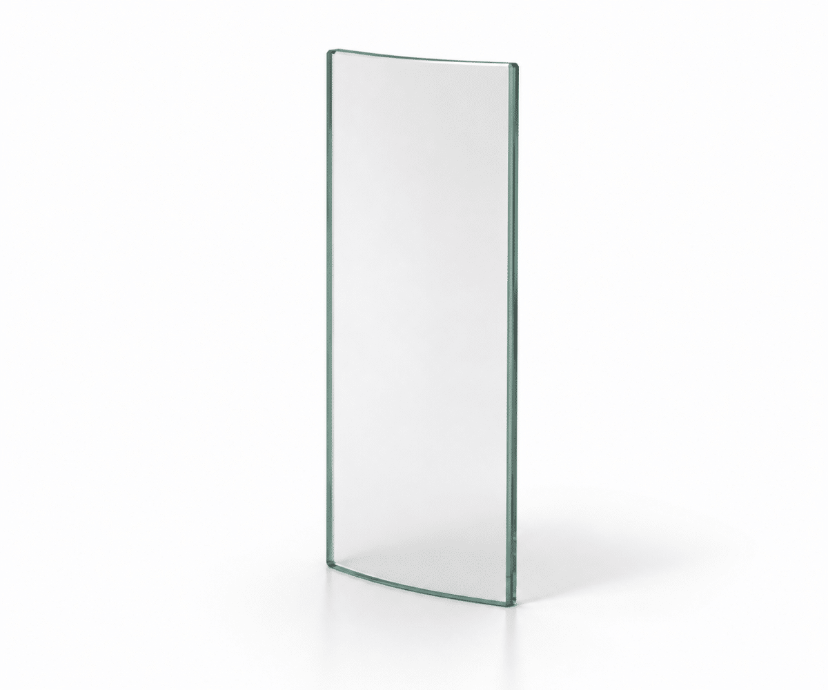 A02535_gallery_01 Curved glass panel in upright position, transparent and without visible frames or brackets, against a white background.