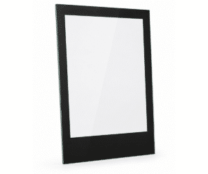 Rectangular black glass pane with wide frame, photographed at a slight angle. Suitable as a viewing panel for wood-burning stoves.