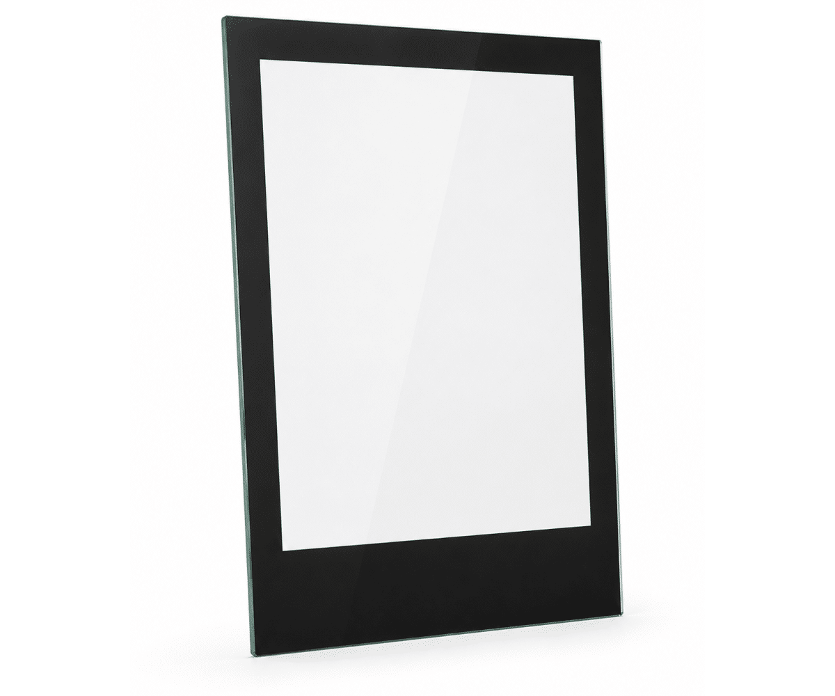 A06335_gallery_01 Rectangular black glass pane with wide frame, photographed at a slight angle. Suitable as a viewing panel for wood-burning stoves.