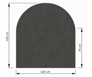 Technische Zeichnung einer rechteckigen Platte mit abgerundeter Oberseite. Maße sind 120 cm in Breite und Höhe, mit einer Höhe von 70 cm bis zur Rundung.