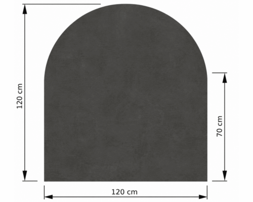 Technische tekening van een rechthoekig paneel met een afgeronde bovenkant. De afmetingen zijn 120 cm in breedte en hoogte, met een hoogte van 70 cm tot de afronding.