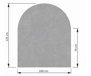 Technische tekening van een grijs, rechthoekig object met een afgeronde bovenkant. Afmetingen: 120 cm hoog, 100 cm breed, 70 cm diep.