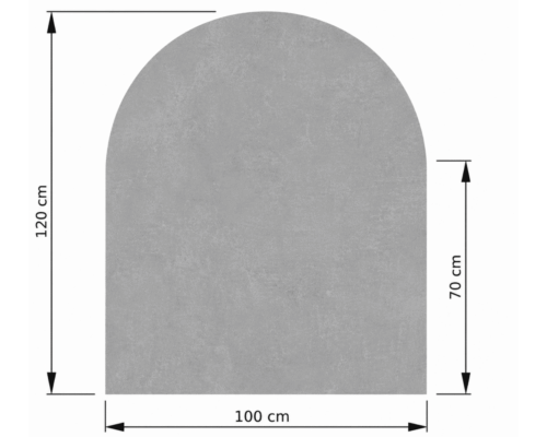 Technische tekening van een grijs, rechthoekig object met een afgeronde bovenkant. Afmetingen: 120 cm hoog, 100 cm breed, 70 cm diep.